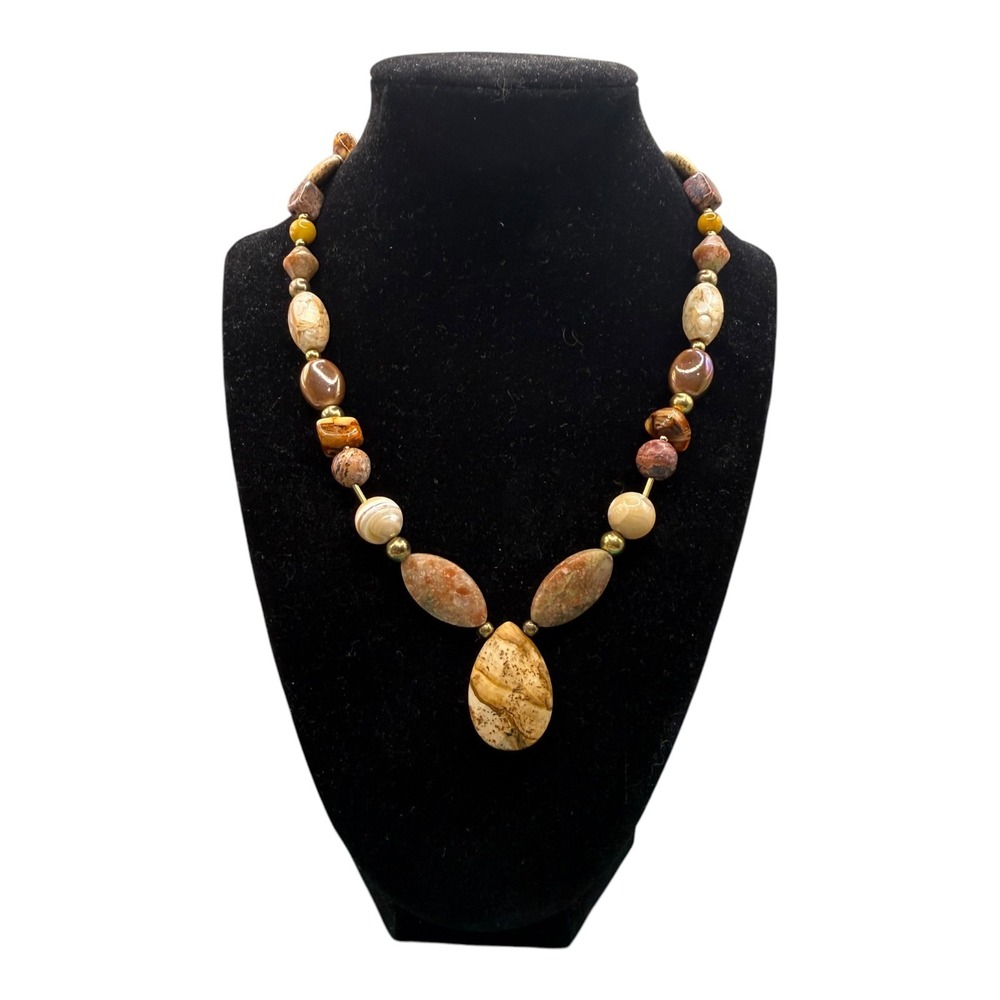 Vintage 2007 Natural Jasper Agate Beaded Necklace 18" Earthy Boho Button Clasp